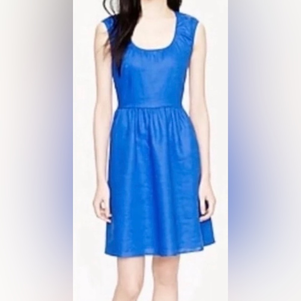 J Crew Blue Linen Cap Sleeve Fit and Flare Dress 2